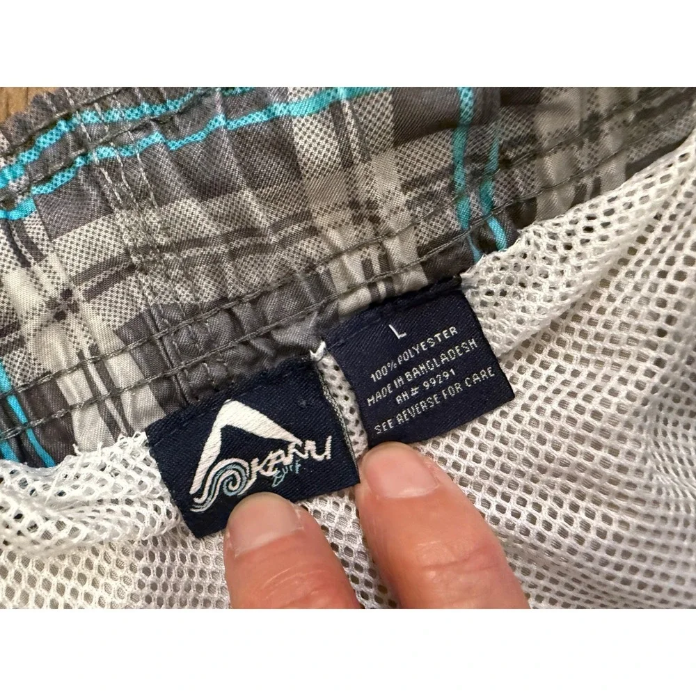 Kanu Surf Mens Grey Turquoise Plaid Cargo Board Shorts Swim Trunks Size L